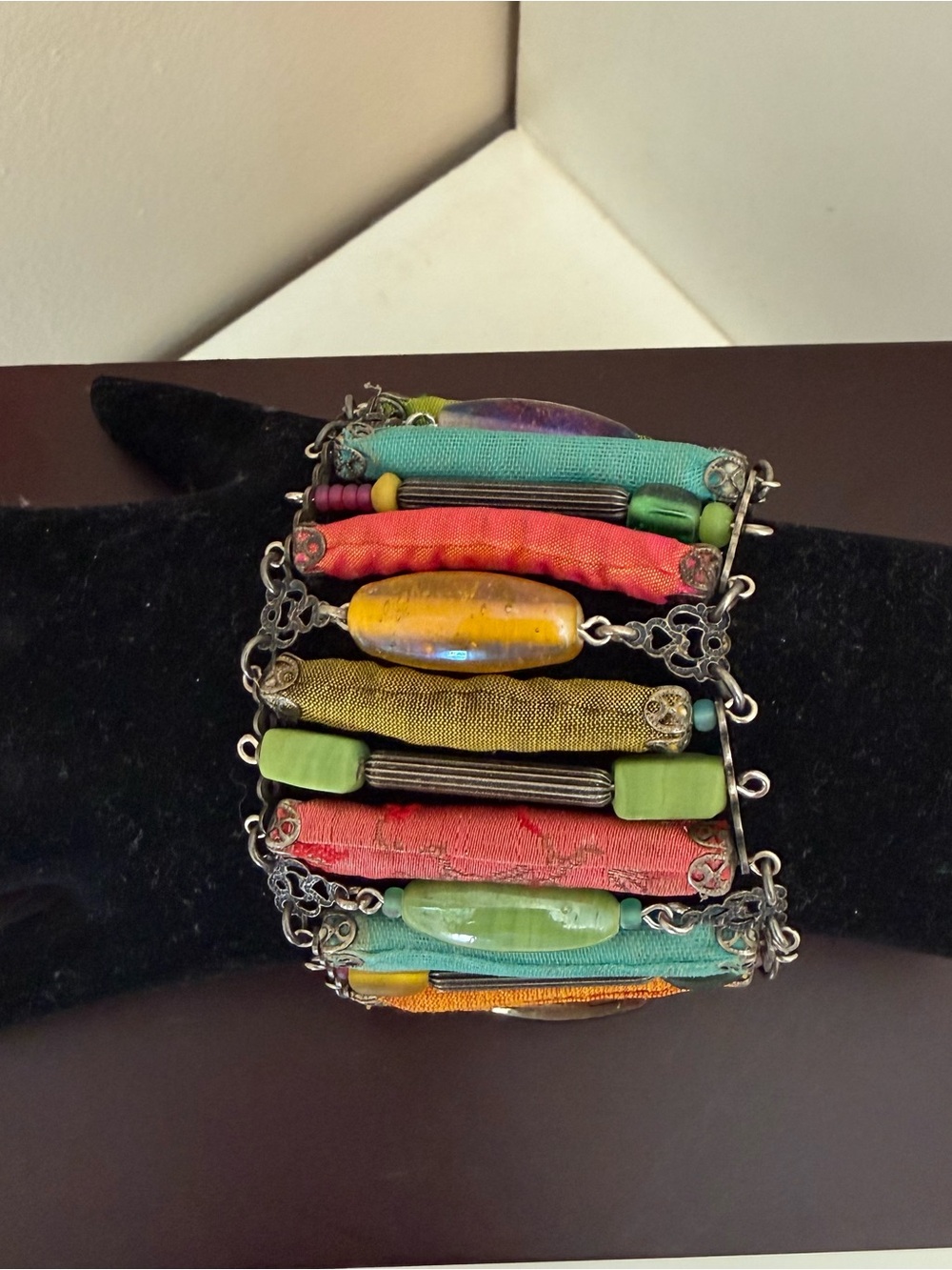Ayala Bar Colorful Mixed Media Textile Glass Bead Wide Bracelet 7.5” Signed